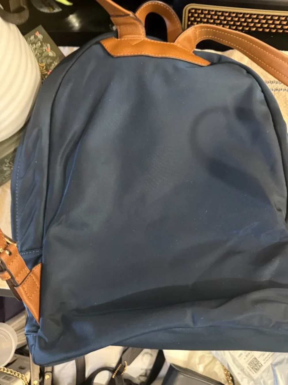 Michael Kors Navy Nylon Backpack Brown Leather Trim Gold Hardware
